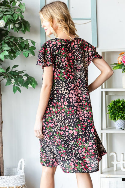 Full Size Printed Ruffled Short Sleeve Dress with Pockets