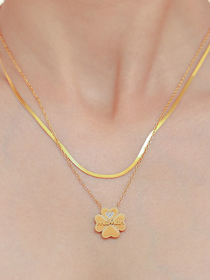 2 Piece 18K Gold-Plated Inlaid Zircon Lucky Clover Necklace