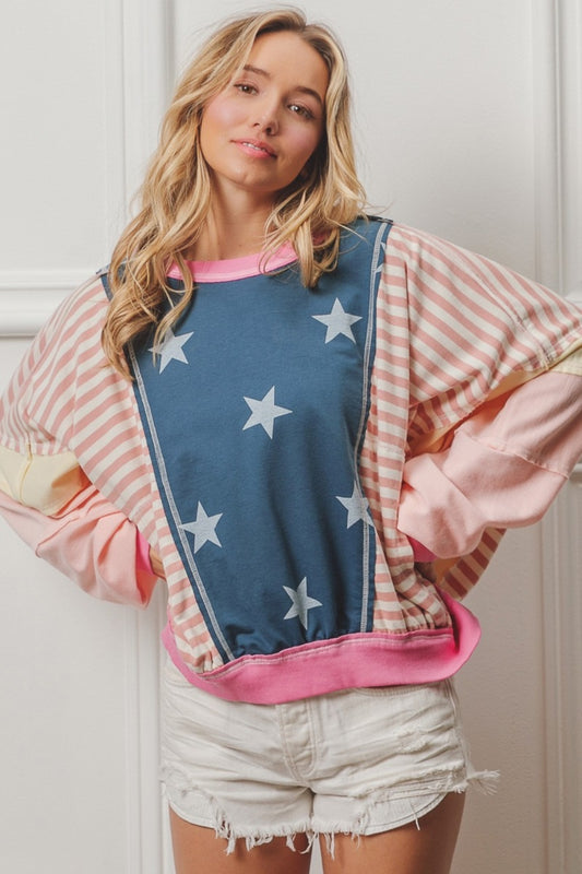 Stars and Stripes Round Neck Long Sleeve Top