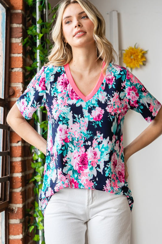 Full Size Floral V-Neck Short Sleeve T-Shirt