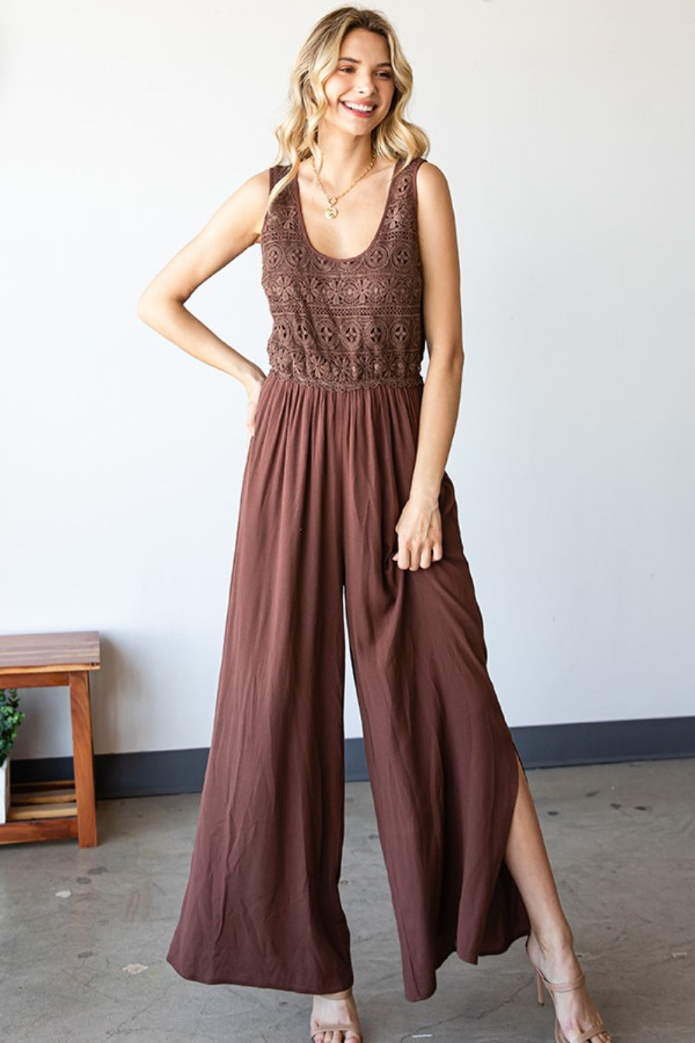 Tie Back Sleeveless Slit Wide Leg Jumpsuit