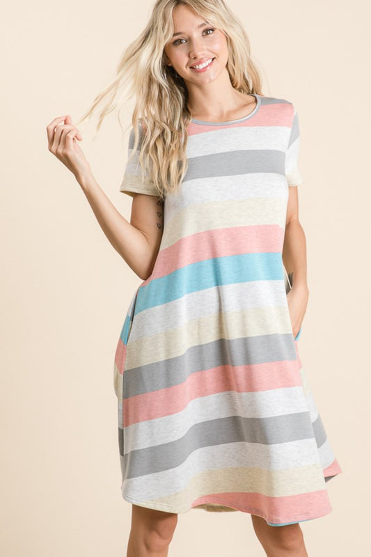 Striped Short Sleeve Dress with Pockets