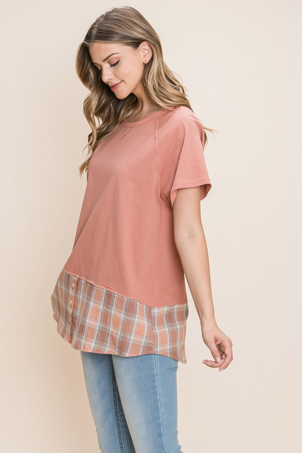 Plaid Contrast Short Sleeve T-Shirt