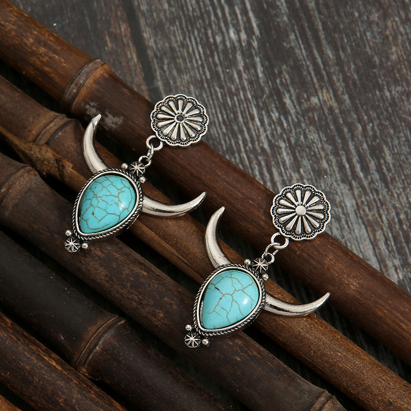 Artificial Turquoise Alloy Cow Head Earrings