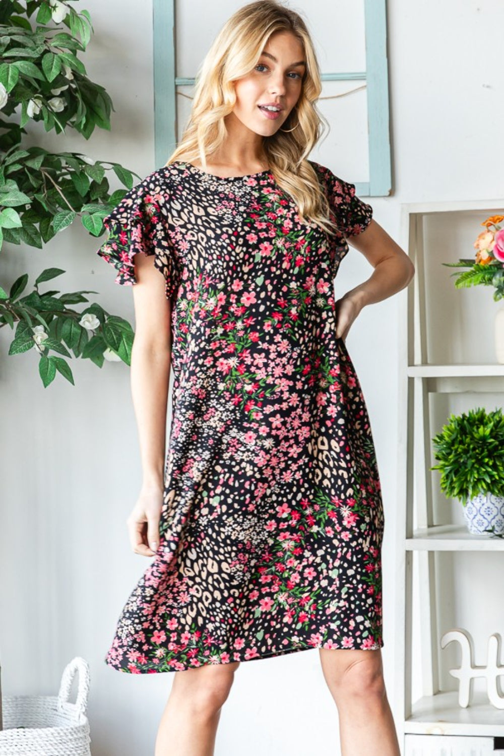 Full Size Printed Ruffled Short Sleeve Dress with Pockets