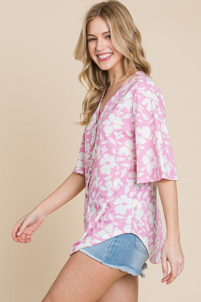 Floral Decorative Button V-Neck Top