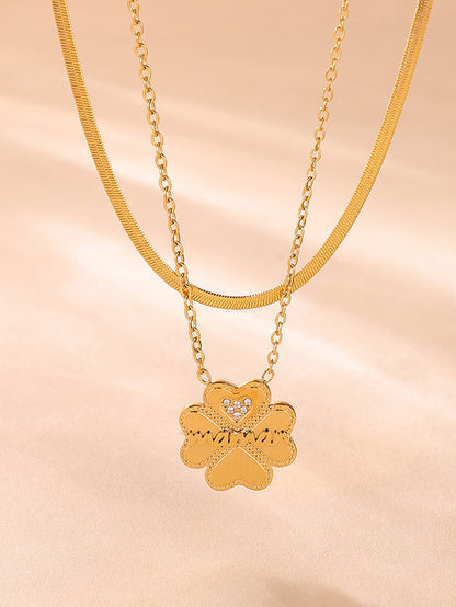 2 Piece 18K Gold-Plated Inlaid Zircon Lucky Clover Necklace