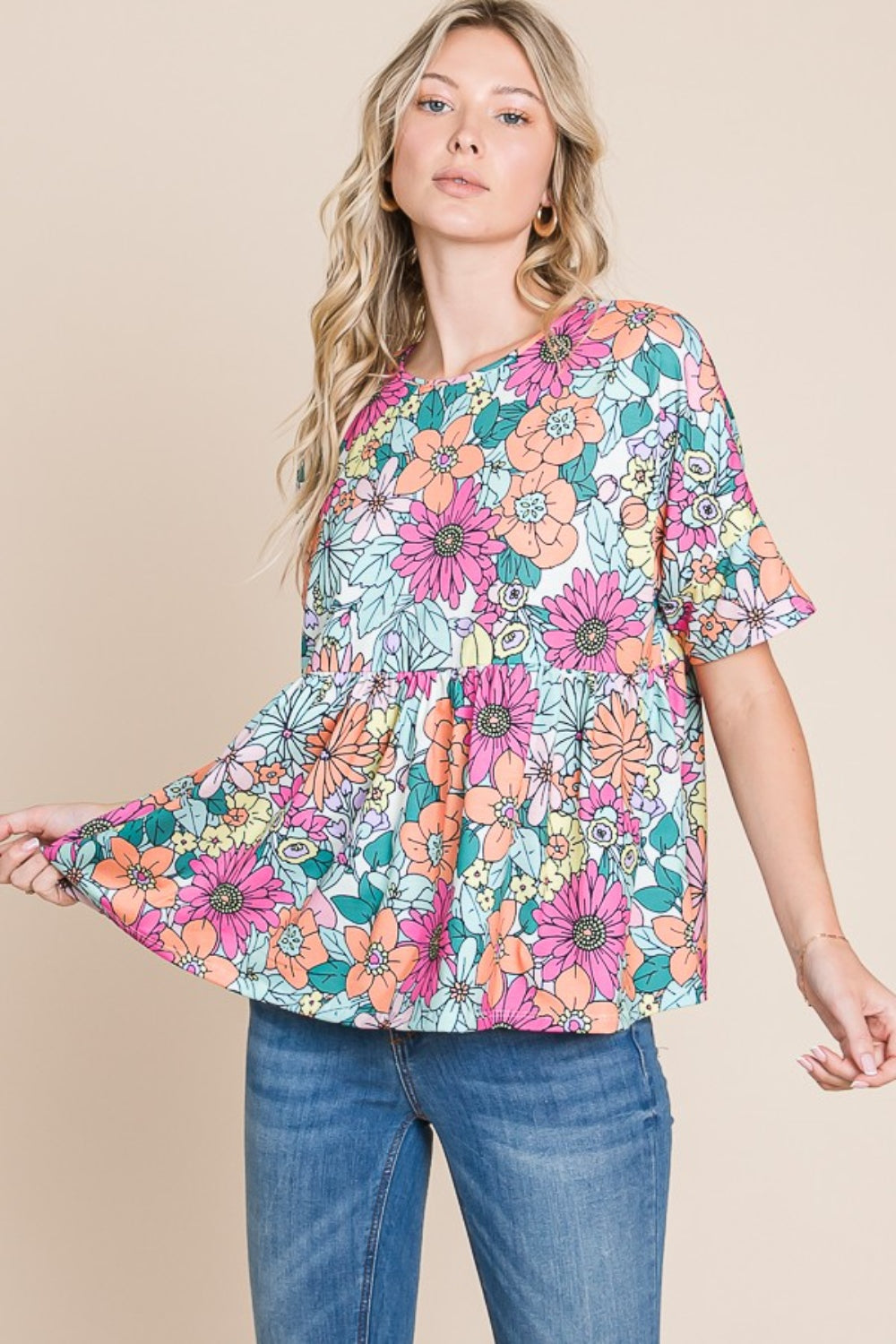 Floral Round Neck Short Sleeve Blouse