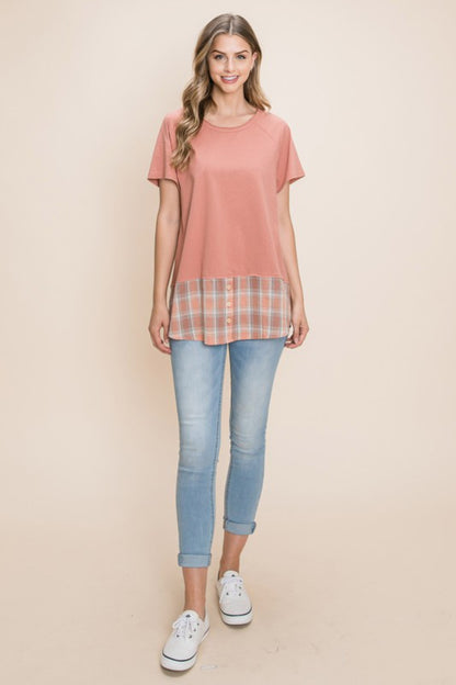 Plaid Contrast Short Sleeve T-Shirt