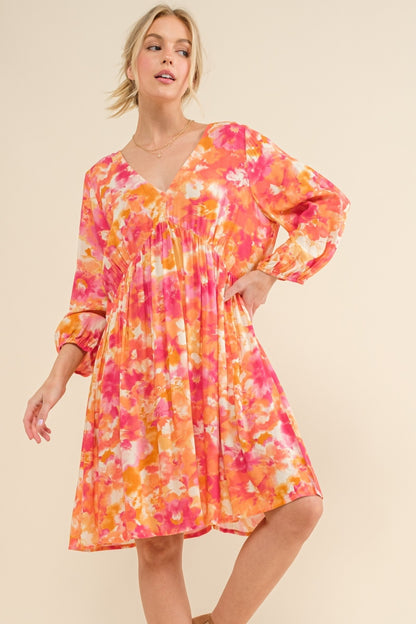 Full Size Printed Tie Back Long Sleeve Dress