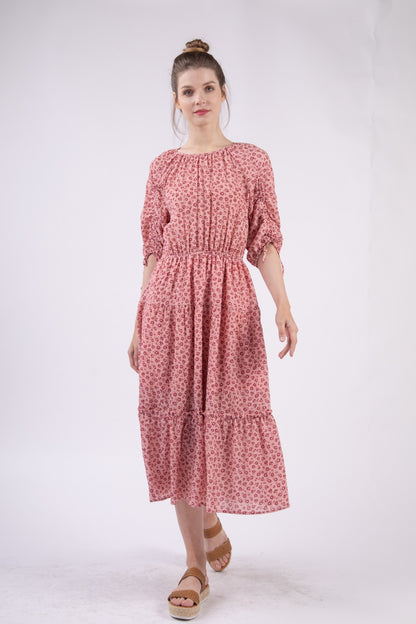 Floral Round Neck Tiered Midi Dress