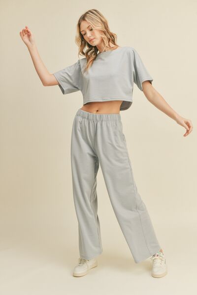 Short Sleeve Cropped Top and Wide Leg Pants Set