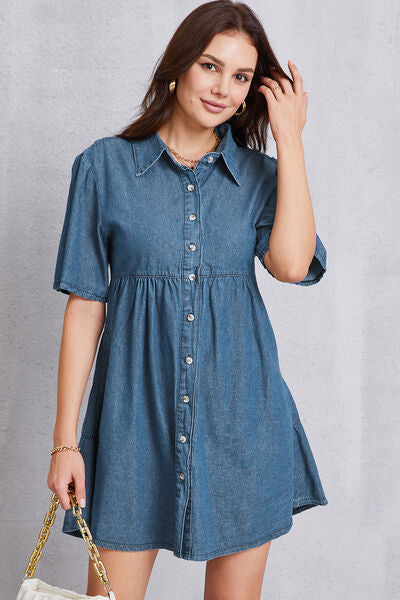 Button Up Collared Neck Tiered Denim Dress – Dymora Inspirations