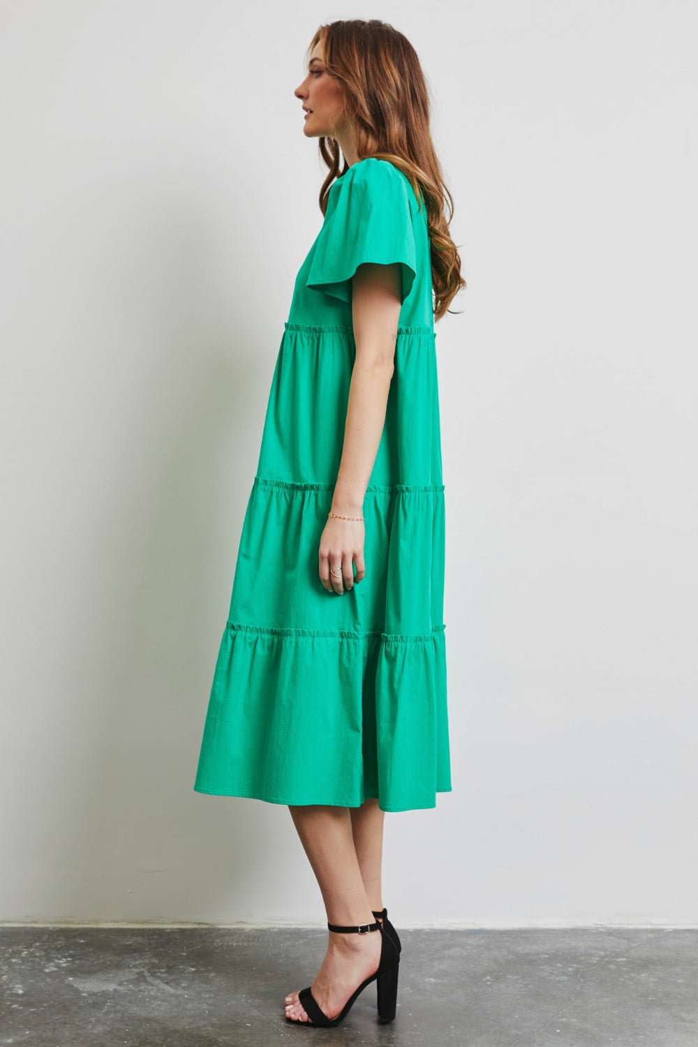 Full Size Cotton Poplin Ruffled Tiered Midi Dress