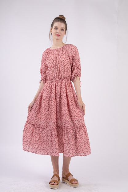 Floral Round Neck Tiered Midi Dress